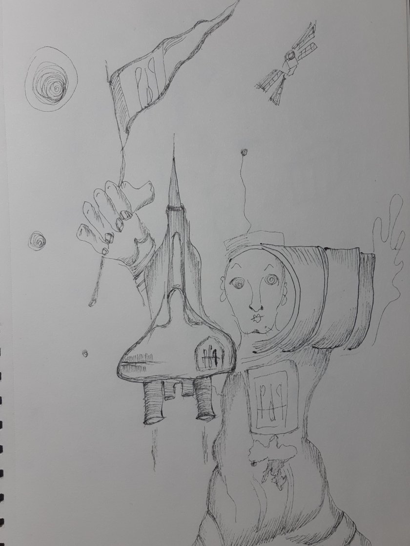 Tinta sobre papel por Artista Nairobi Prahl para Ucrania Fantástica: Ucrania en el Espacio